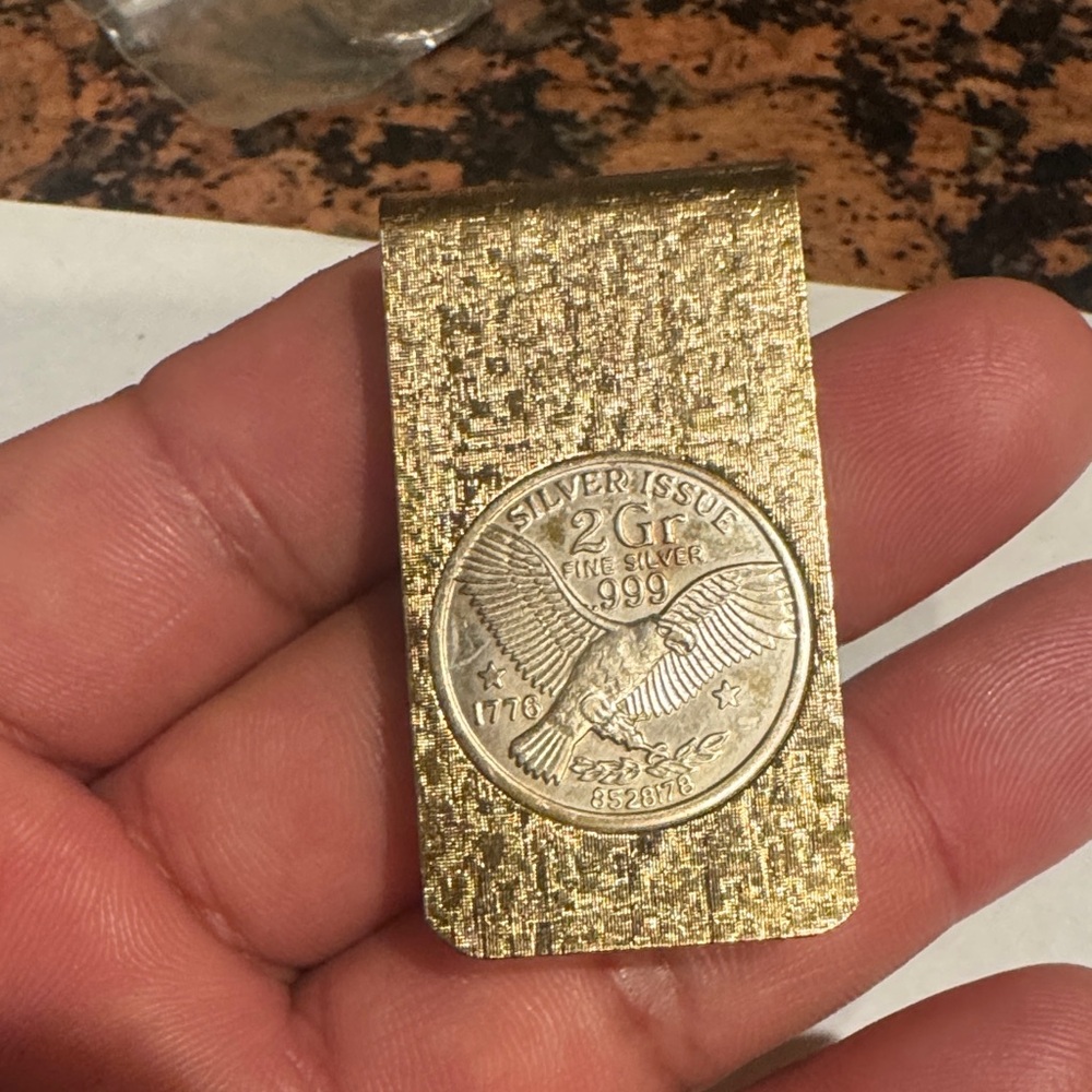 Textured Gold Money Clip with Silver Coin